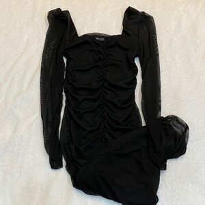 SHEIN Black Ruched Mesh Long Sleeve Bodycon Dress